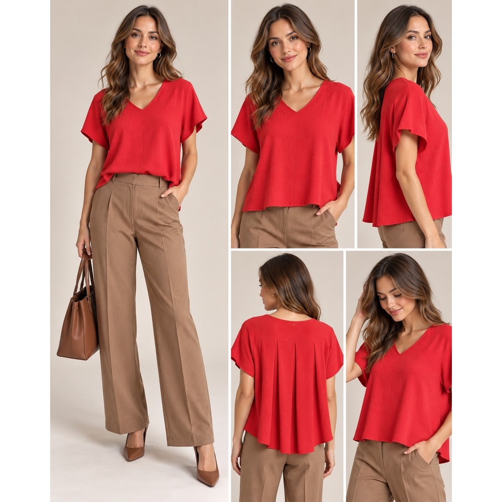 H&M Red V-Neck Pleated Back Short Sleeve Blouse Top Size 2